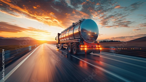 rear view of big metal fuel tanker truck in motion shipping fuel to oil refinery against sunset sky 