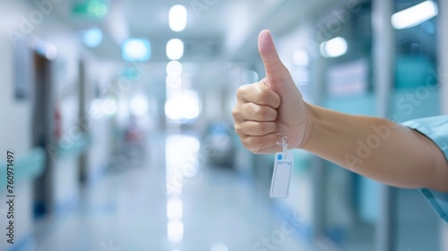 Thumbs up sign. Woman's hand shows like gesture. Hospital background
