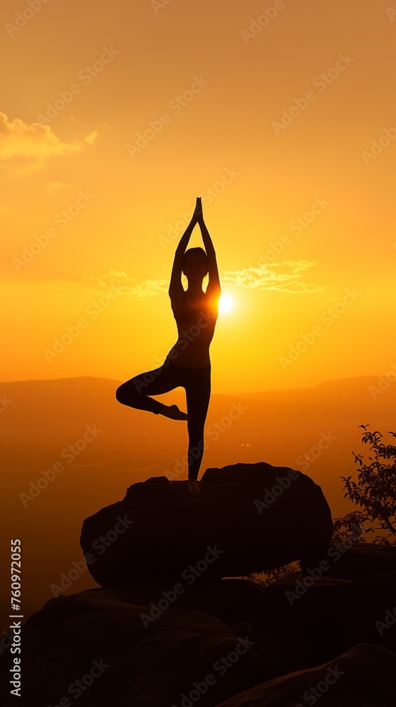 Yoga practitioner performing tree pose on a rocky peak during a breathtaking sunrise