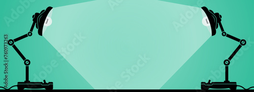 Two office lamps with bulb and light ray vector on green background. Business signboard to use for advertising, info board, idea, invention, teamwork, creativity, infographics projects.
