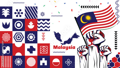 Canvas Print Malaysia National day or Hari Merdeka banner with retro abstract geometric shapes