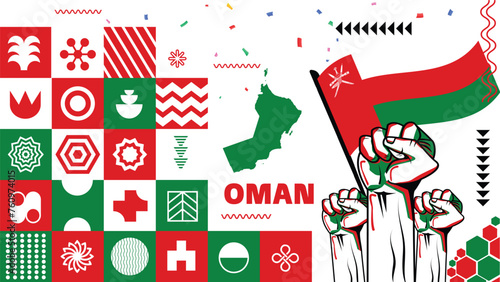 Oman national day banner for independence day anniversary. Flag of oman . modern geometric retro abstract design. Red green color theme with black background.
