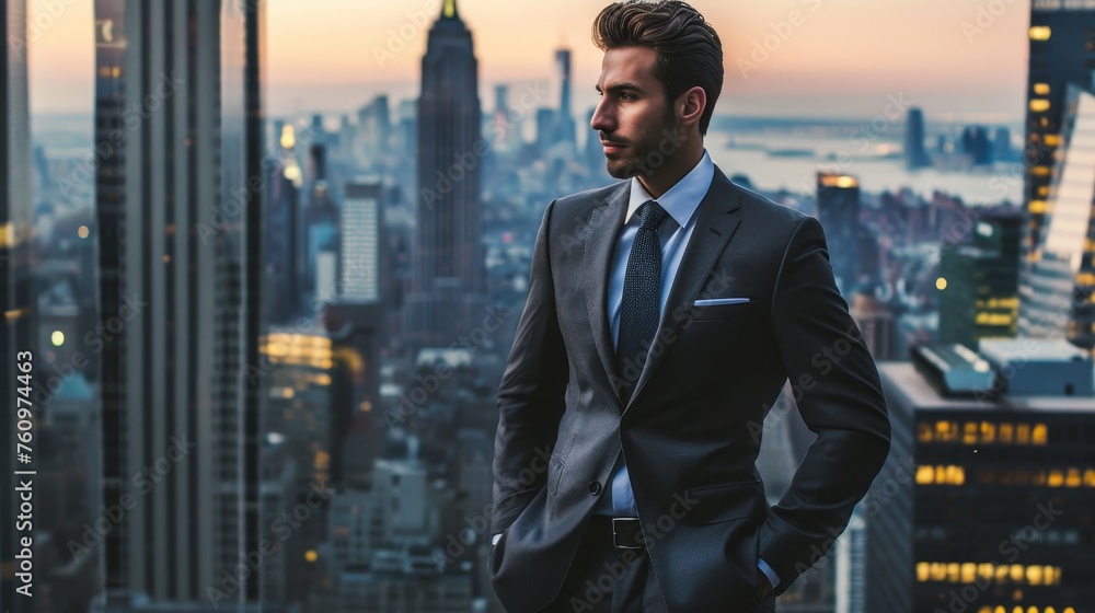 A confident businessman in a tailored suit standing against a cityscape backdrop with an assertive demeanor emblematic of his leadership  AI generated illustration