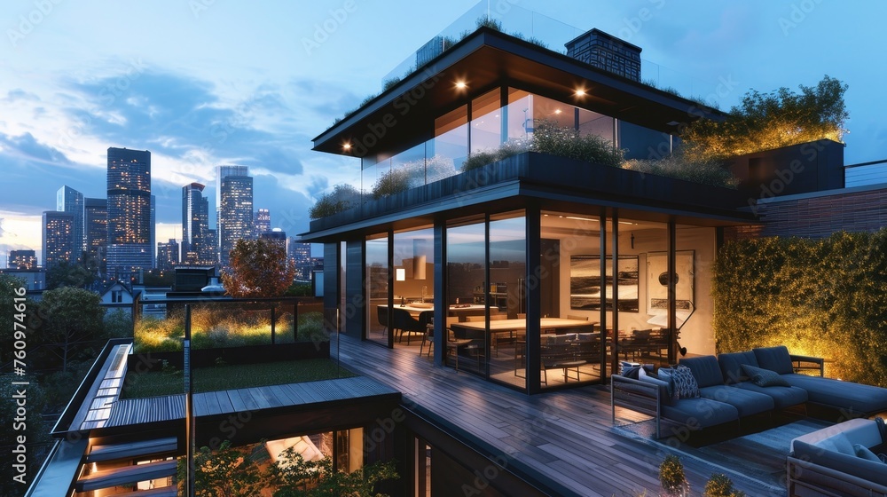 A contemporary urban residence with a rooftop garden and city skyline views AI generated illustration
