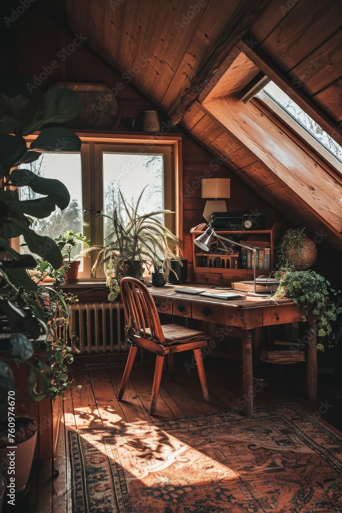 A cozy attic office setup with minimal clutter AI generated illustration A cozy attic office setup with minimal clutter AI generated illustration