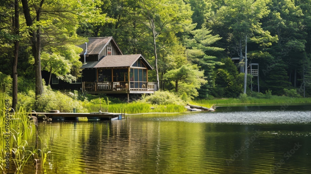 A cozy cabin by a lake with a private dock and serene surroundings  AI generated illustration