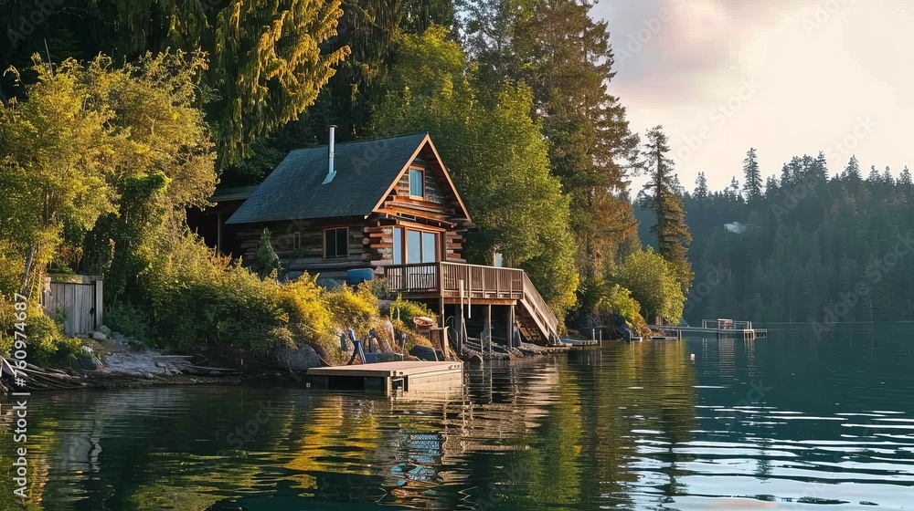 Obraz premium A cozy cabin by a lake with a private dock and serene surroundings AI generated illustration