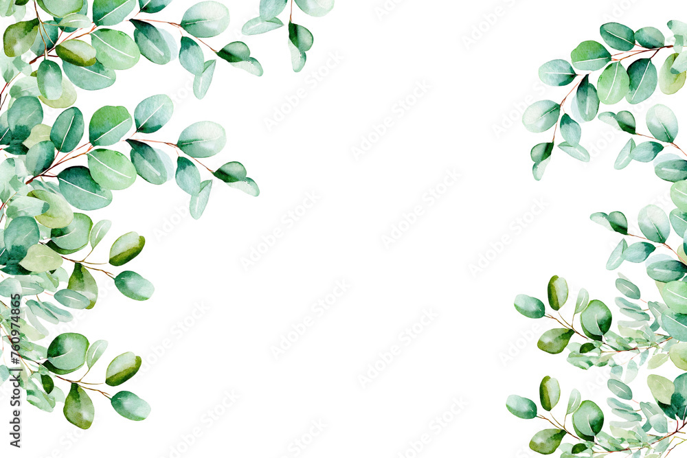 png watercolor floral frame with eucalyptus green leaves, PNG greeny eucalyptus 