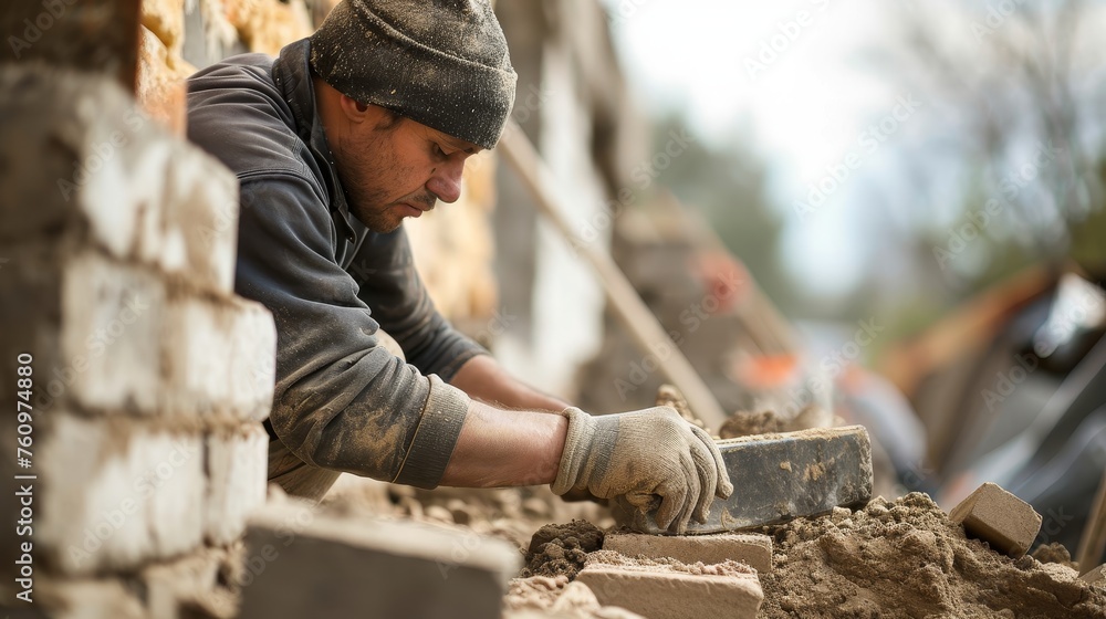 Fototapeta premium A dedicated bricklayer building structures with accuracy and strength showcasing masonry skills AI generated illustration