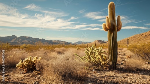 A desert scene with one solitary cactus AI generated illustration