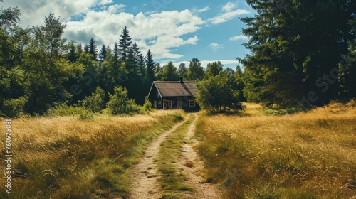 A deserted wilderness with a long dirt path leading to a solitary cabin AI generated illustration