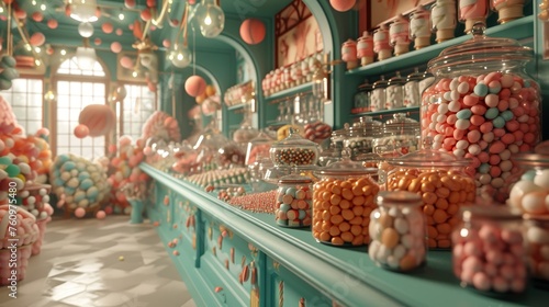 A fairytale-like D candy store filled with jars of colourful candy AI generated illustration photo