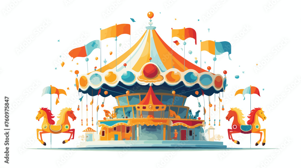 Whimsical carousel with colorful horses and circus