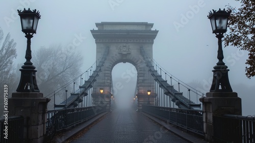 A foggy chain bridge scene with no pedestrians in sight  AI generated illustration photo