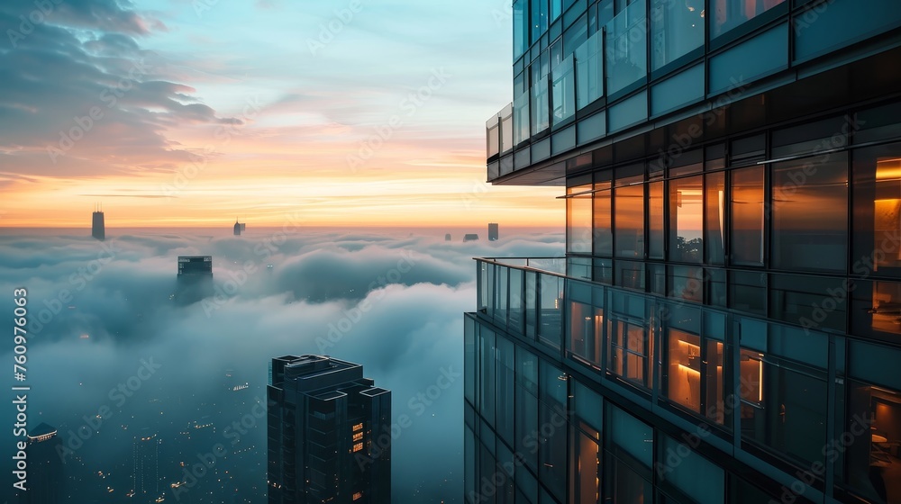 A ledge overlooking an expanse of cloud-veiled cityscape at dawn  AI generated illustration - obrazy, fototapety, plakaty 