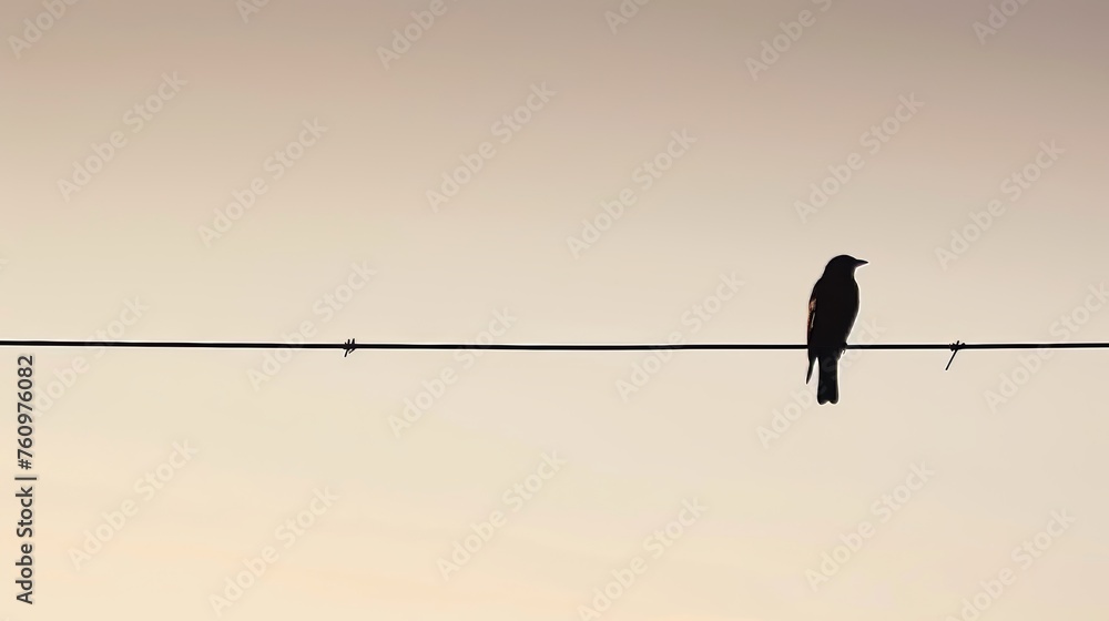 A lone bird perched on a wire against a clear pale sky AI generated illustration A lone bird perched on a wire against a clear pale sky AI generated illustration