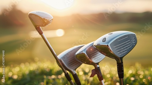 A Breathtaking View of Golf Clubs Over a Green Field Illuminated by the Summer Sunset
