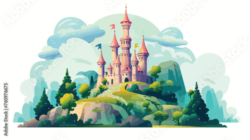 Whimsical fairytale castle on a hilltop. flat vecto
