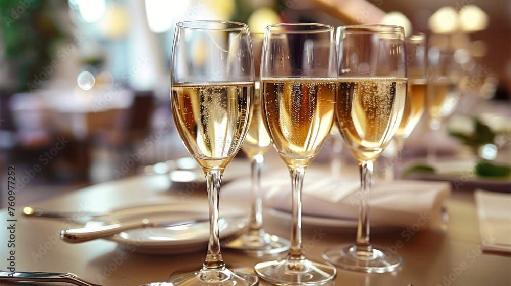 Refined Glasses of Champagne Set the Scene for an Opulent Restaurant Event or Wedding Refined Glasses of Champagne Set the Scene for an Opulent Restaurant Event or Wedding