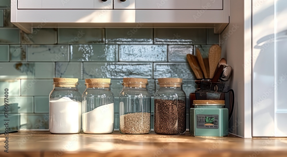 Decorative Jars Filled with Coffee Beans, Sugar, and Cream on a Kitchen Countertop with Stylish Tile Backsplash Decorative Jars Filled with Coffee Beans, Sugar, and Cream on a Kitchen Countertop with Stylish Tile Backsplash