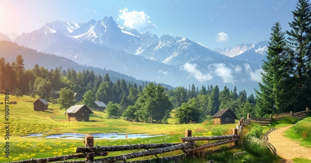 The Peaceful Summer Landscape of a Mountain Village Under a Radiant Blue Sky