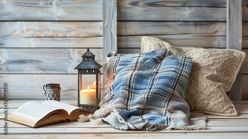 Capturing the Essence of Relaxation with a Lantern, Pillows, Book, and Plaid Arranged on a Wooden Background