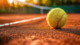 A close up of a tennis ball on a caly court 