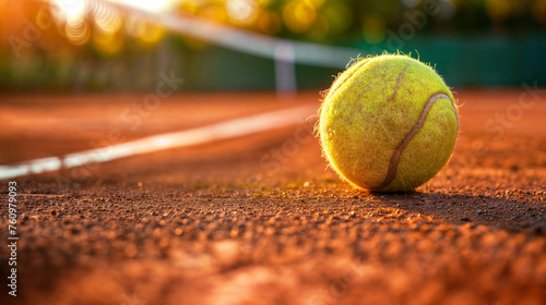 A close up of a tennis ball on a caly court 