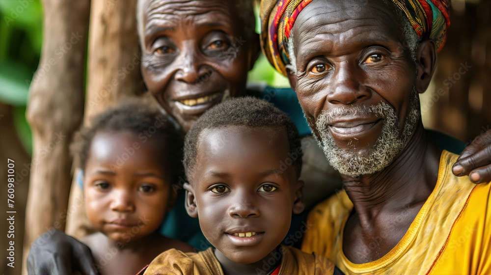 A heartwarming family portrait showcasing two generations, with a grandparent and grandchildren smiling together. A heartwarming family portrait showcasing two generations, with a grandparent and grandchildren smiling together.