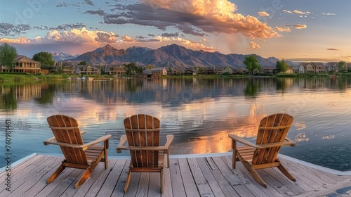 Wooden dock with a view of the residential area against the mountain range background. Puffy clouds at sunset Four wooden lounge chairs facing the reflective Lake photo