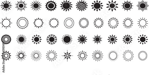 Sun icons vector isolated on white background. Shine sun ray set. Sunshine vector sign. Sunset icon collection. Abstract art.