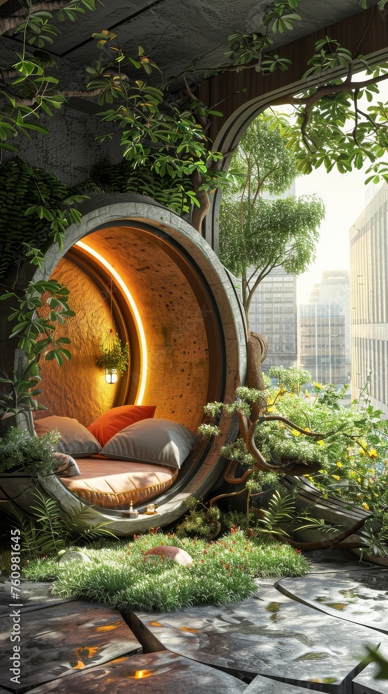 Blender 3D model of a meditation pod in a city rooftop garden wellness urban escape - obrazy, fototapety, plakaty 