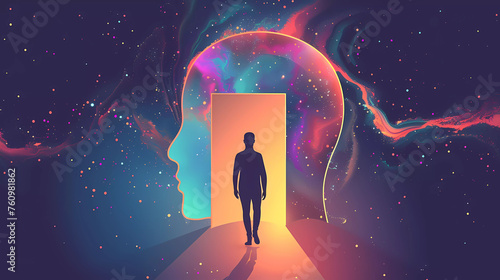 Man walk through the door inside his head.Abstract surreal dream concept vector illustration.