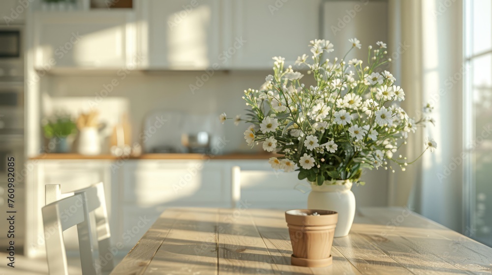 Scandinavian style dining area with gypsophila centerpiece in bright sunlight Scandinavian style dining area with gypsophila centerpiece in bright sunlight