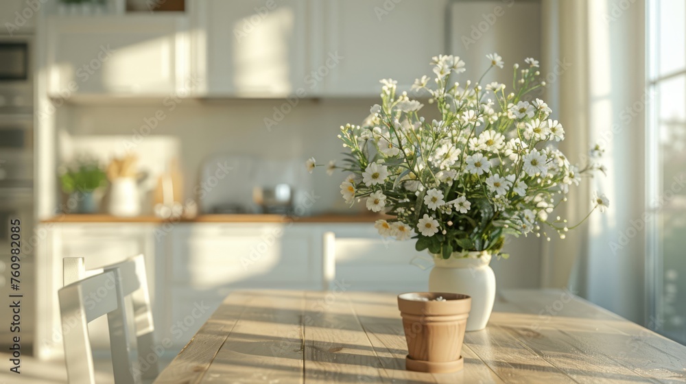 Scandinavian style dining area with gypsophila centerpiece in bright sunlight