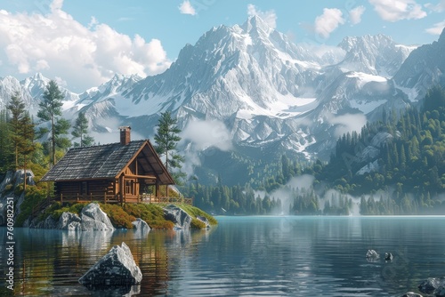 Blender model of a mountain cabin and lake serene travel icon © Naret