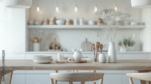 Elegant minimalist kitchen with wooden table and white bowls in soft natural light