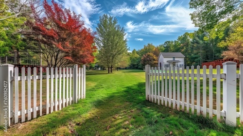 A Peaceful Backyard Scene Framed by a Picket Fence and Gate Under Wispy White Clouds