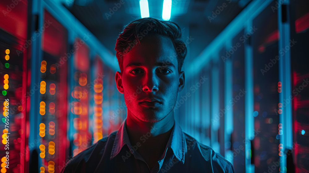Obraz premium Middle shot of a male engineer in a server room with rows of servers in the background