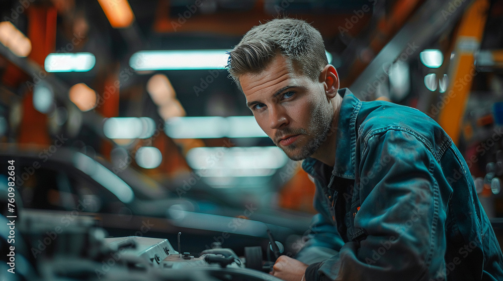 Middle shot of a male mechanical engineer in an automotive workshop cars in the backdrop Middle shot of a male mechanical engineer in an automotive workshop cars in the backdrop