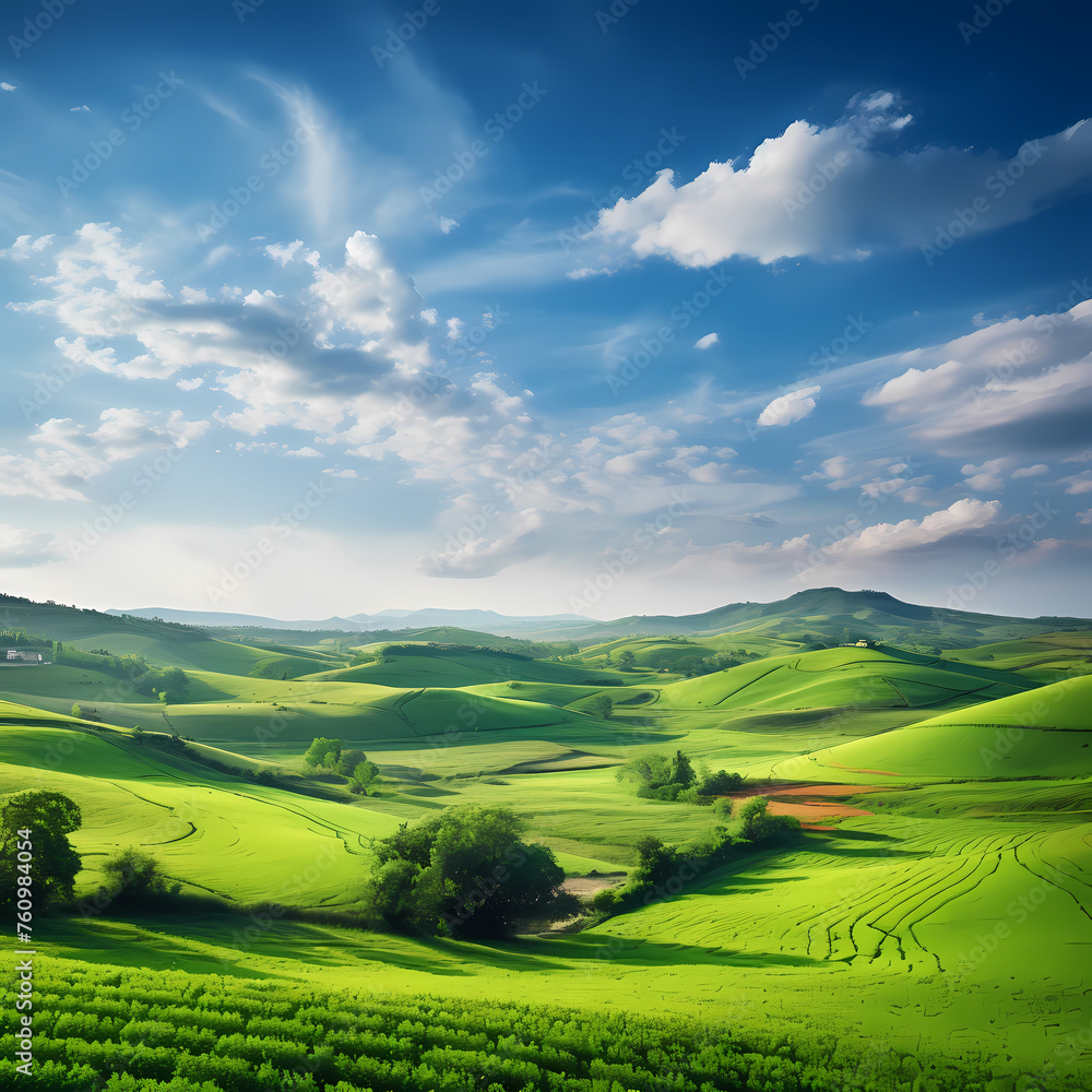 A serene countryside landscape with rolling hills.