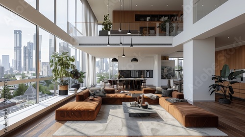 Spacious and modern urban loft living room with stunning cityscape views