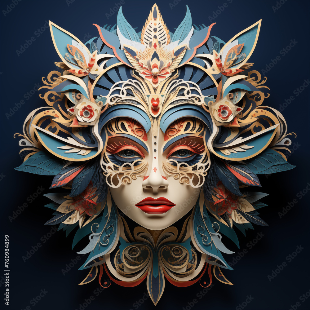 A woman's face is drawn in a paper mask with a red lipstick A woman's face is drawn in a paper mask with a red lipstick