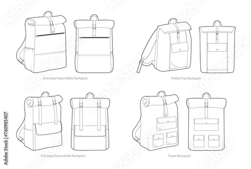 Set of foldable, Expandable, Travel backpack silhouette bag. Fashion accessory technical illustration. Vector schoolbag front 3-4 view for Men, women, unisex style, flat CAD mockup sketch isolated