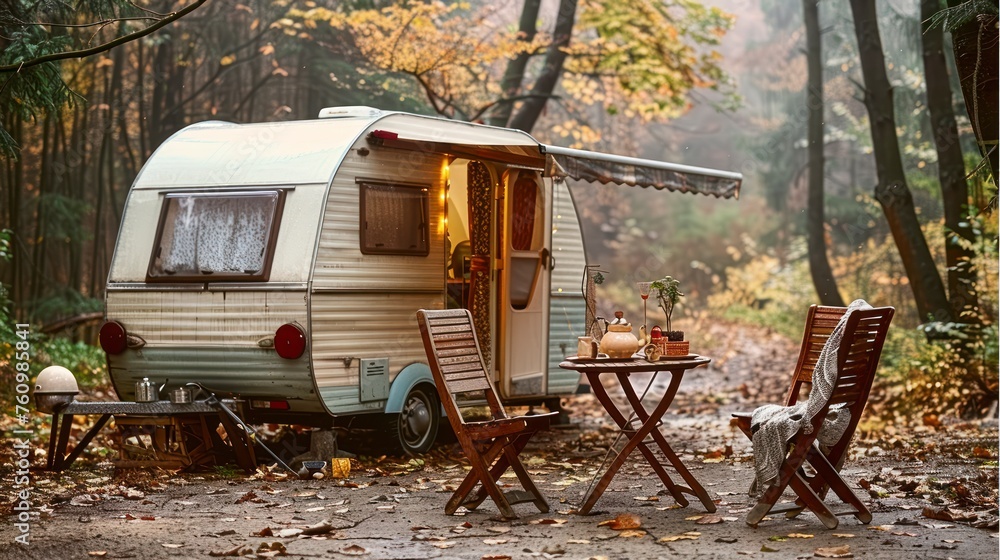 Capturing the Essence of Fall with a Charming Tea Arrangement Outside a Retro Caravan, Framed by Wooden Seating Capturing the Essence of Fall with a Charming Tea Arrangement Outside a Retro Caravan, Framed by Wooden Seating