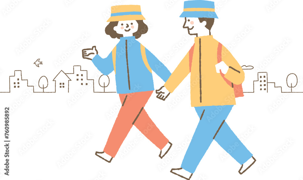帽子をかぶって出かける男性と女性_色 帽子をかぶって出かける男性と女性_色