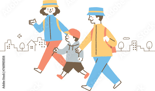 帽子をかぶって出かける3人家族_色