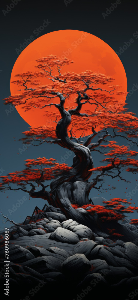 Fototapeta premium Silhouetted Tree Against Full Moon in Red Sky