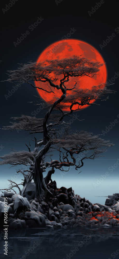 Eerie Blood Moon Over Barren Landscape with Silhouetted Tree

