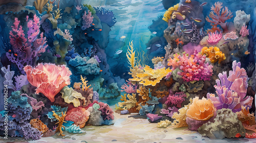 A watercolor painting portrays a rich and vibrant underwater scene teeming with diverse coral reef life.